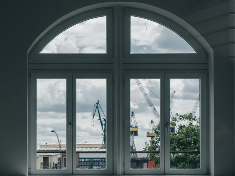A Symmetrical view of construction through the closed window